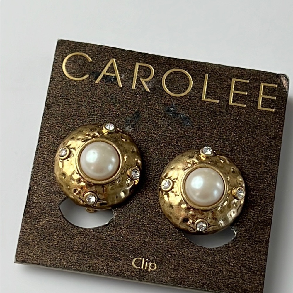 Carolee Gold & Pearl Accent Earrings Rhinestones Clip On Vintage Earrings New